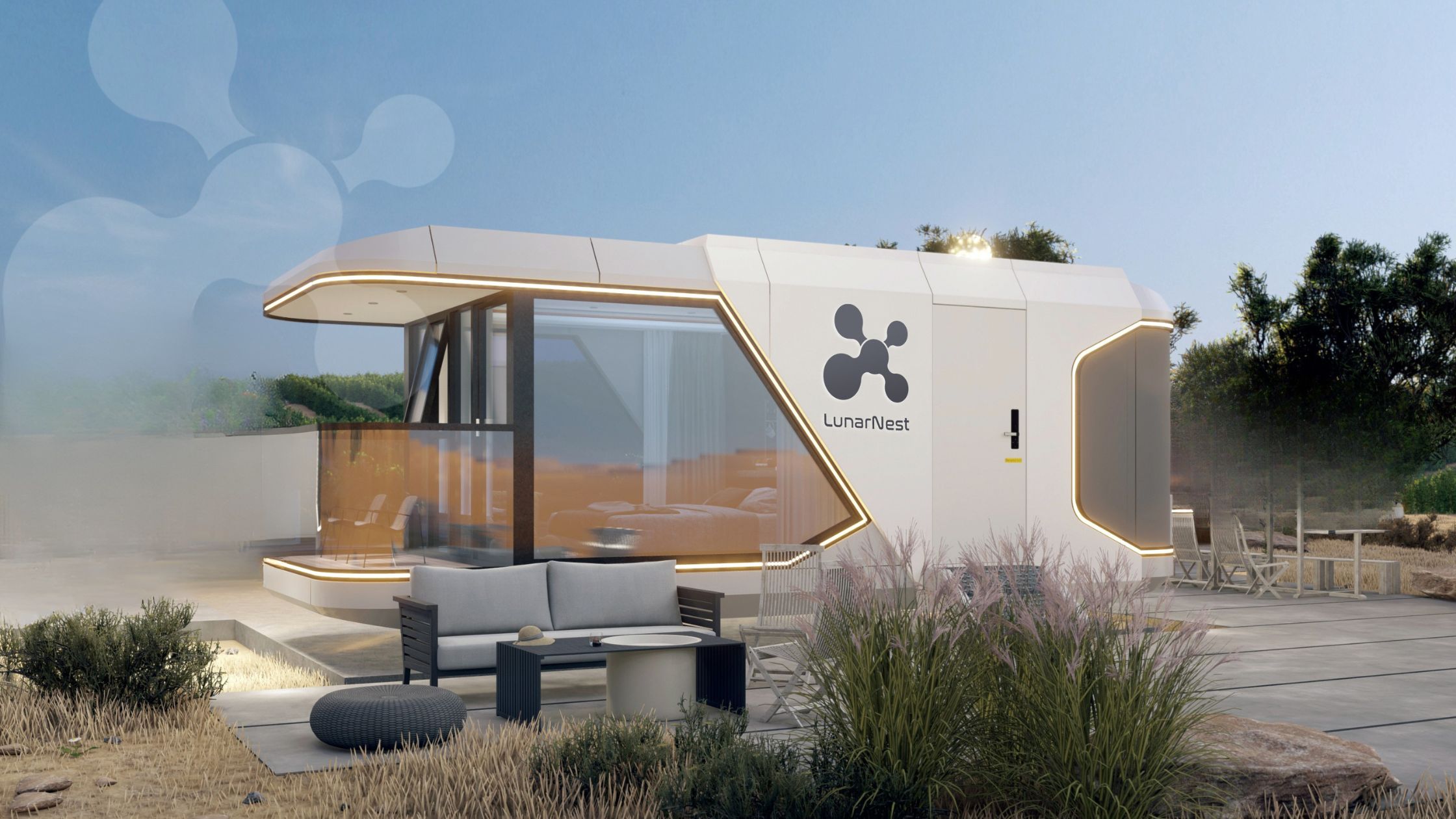 Modern modular home with outdoor seating area.