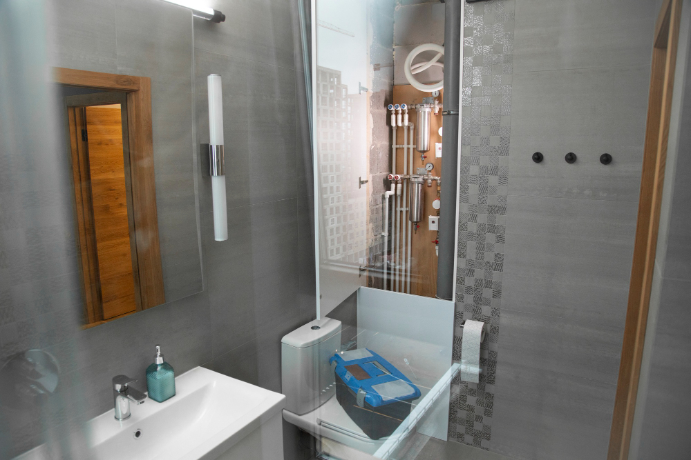 Modern bathroom with gray tiles and fixtures.