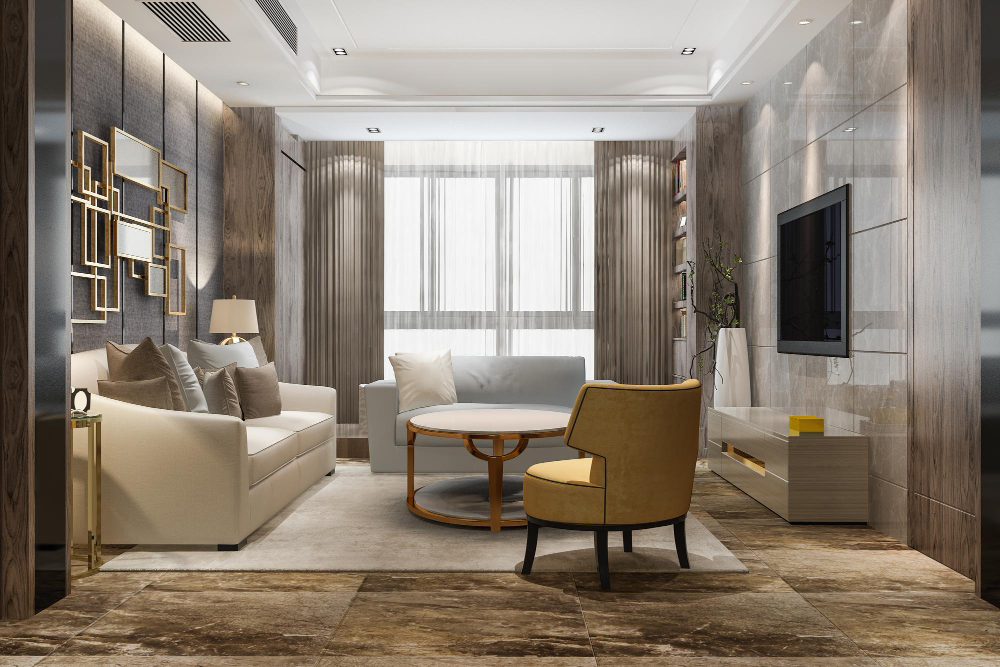 Modern living room with cozy seating and decor.