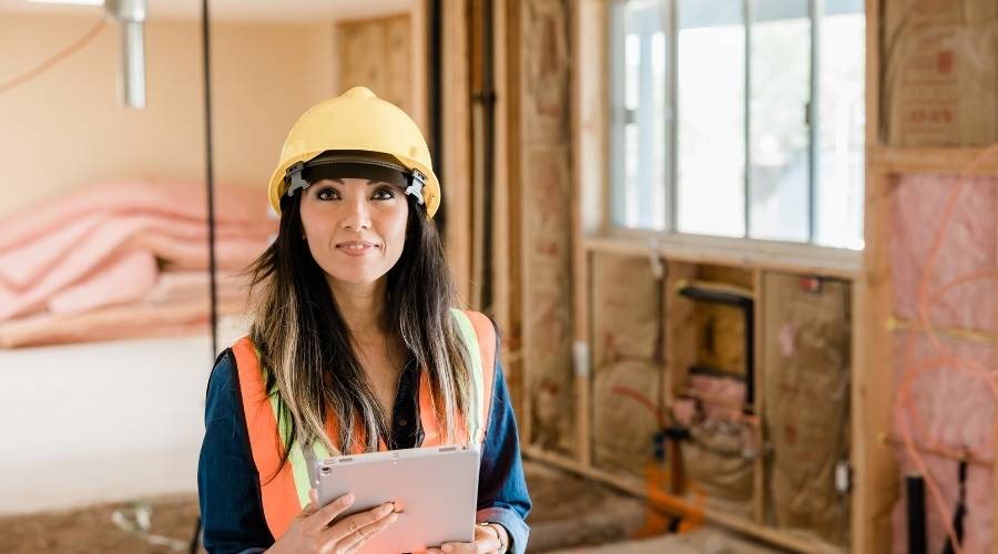 Female construction worker with safety gear and tablet.